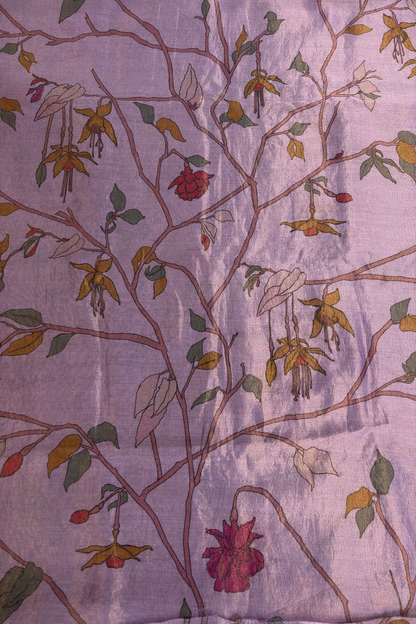 Dusty Lavender Pure Banaras Chanderi Tissue Floral Theme Printed Fabric
