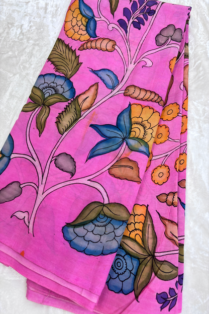 Bubblegum Pink Pure Pen Hand painted Kalamkari Fabric