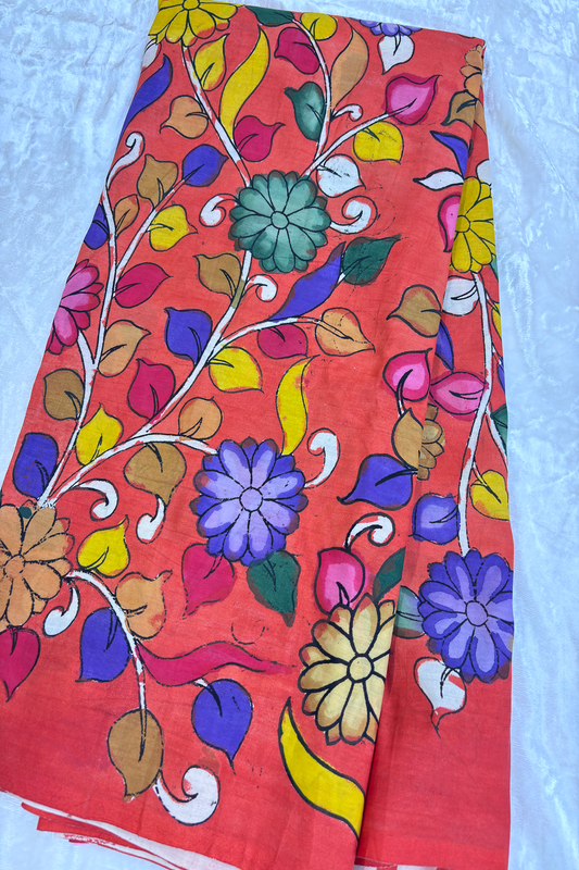 Burnt Orange Pure Pen Hand painted Kalamkari Fabric