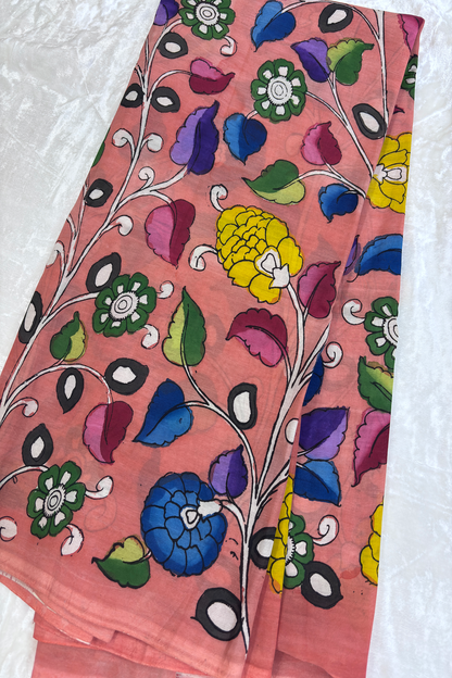 Light Peach Teal Blue Pure Pen Hand painted Kalamkari Fabric