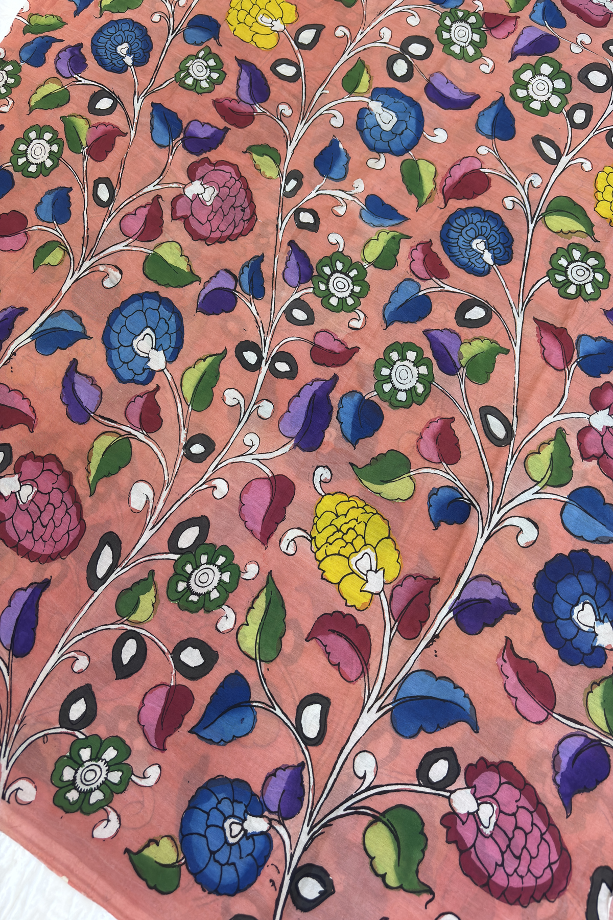 Light Peach Teal Blue Pure Pen Hand painted Kalamkari Fabric