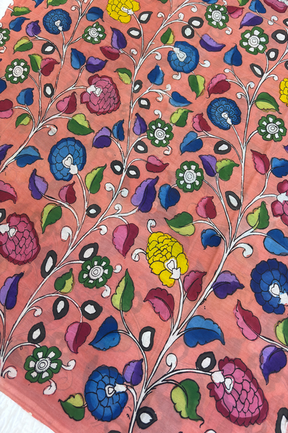 Light Peach Teal Blue Pure Pen Hand painted Kalamkari Fabric