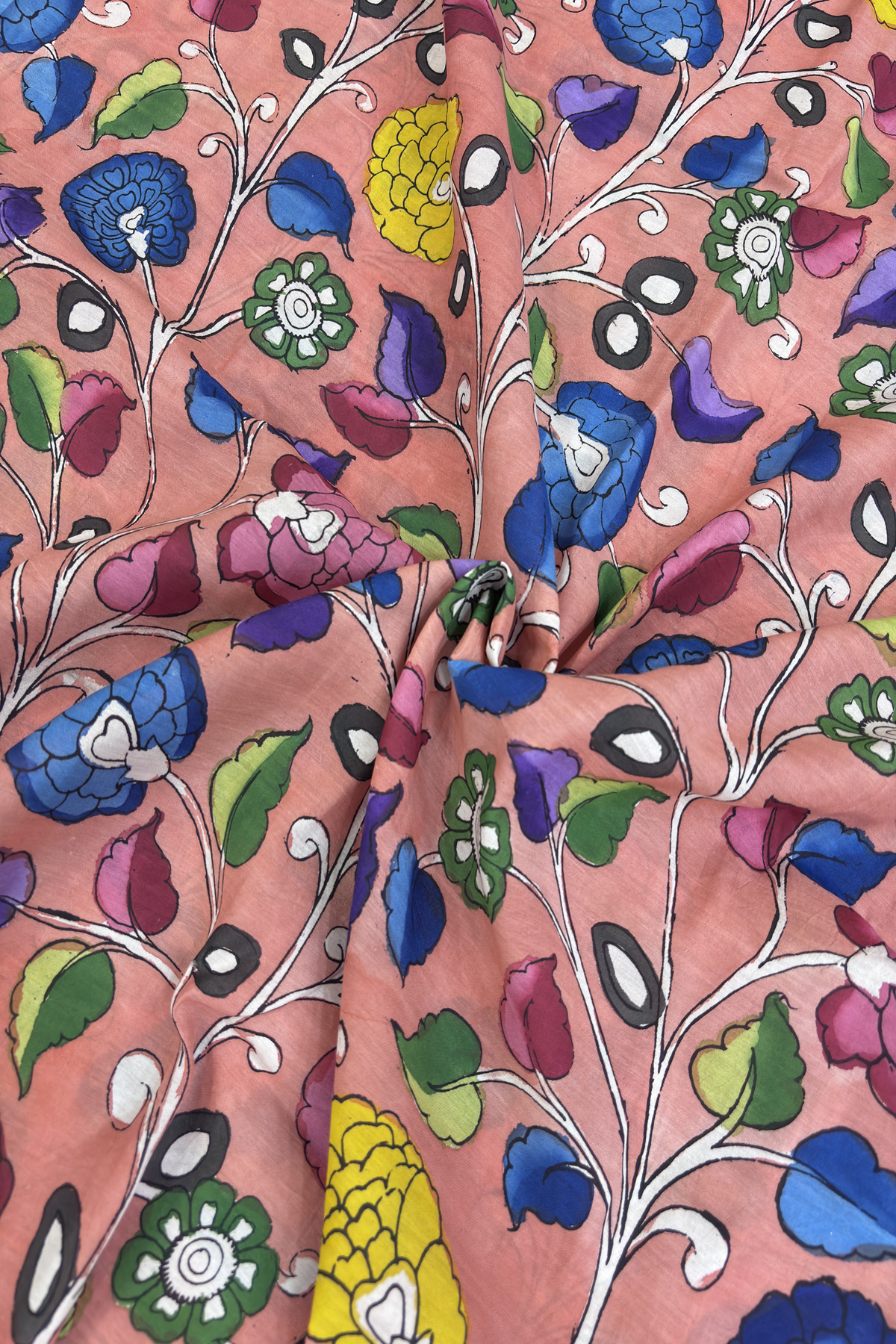 Light Peach Teal Blue Pure Pen Hand painted Kalamkari Fabric