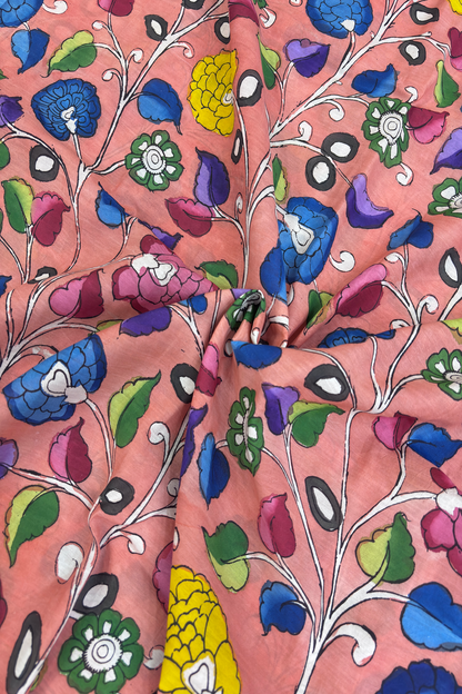Light Peach Teal Blue Pure Pen Hand painted Kalamkari Fabric