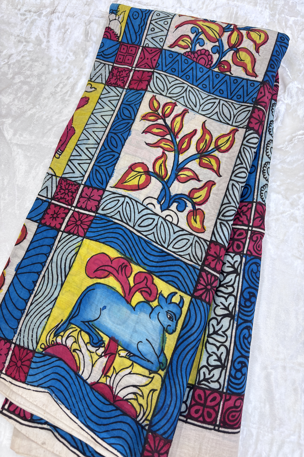 Hues Of White & Blue Pure Pen Hand painted Kalamkari Fabric