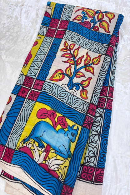 Hues Of White & Blue Pure Pen Hand painted Kalamkari Fabric