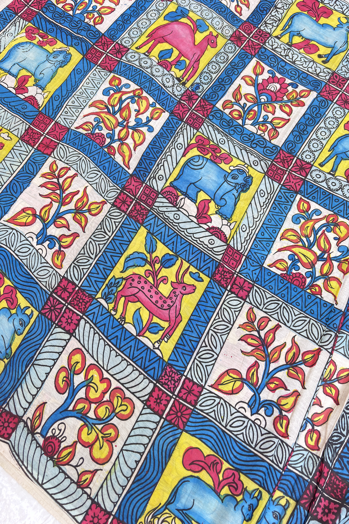 Hues Of White & Blue Pure Pen Hand painted Kalamkari Fabric