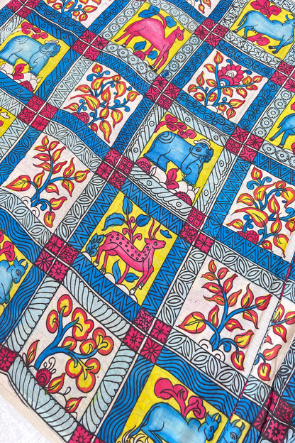 Hues Of White & Blue Pure Pen Hand painted Kalamkari Fabric