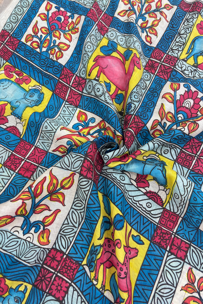 Hues Of White & Blue Pure Pen Hand painted Kalamkari Fabric