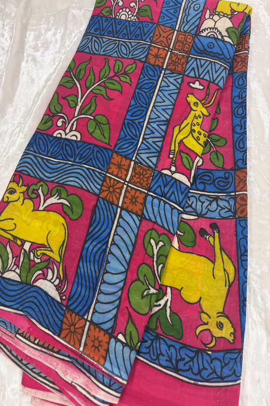 Hues of Pink Pure Pen Hand painted Kalamkari Fabric