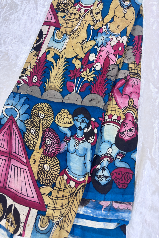 Classic Blue Pure Pen Hand painted With Figurine Kalamkari Fabric