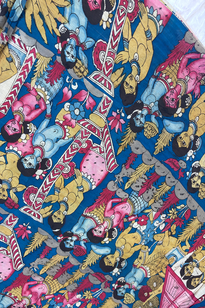 Classic Blue Pure Pen Hand painted With Figurine Kalamkari Fabric