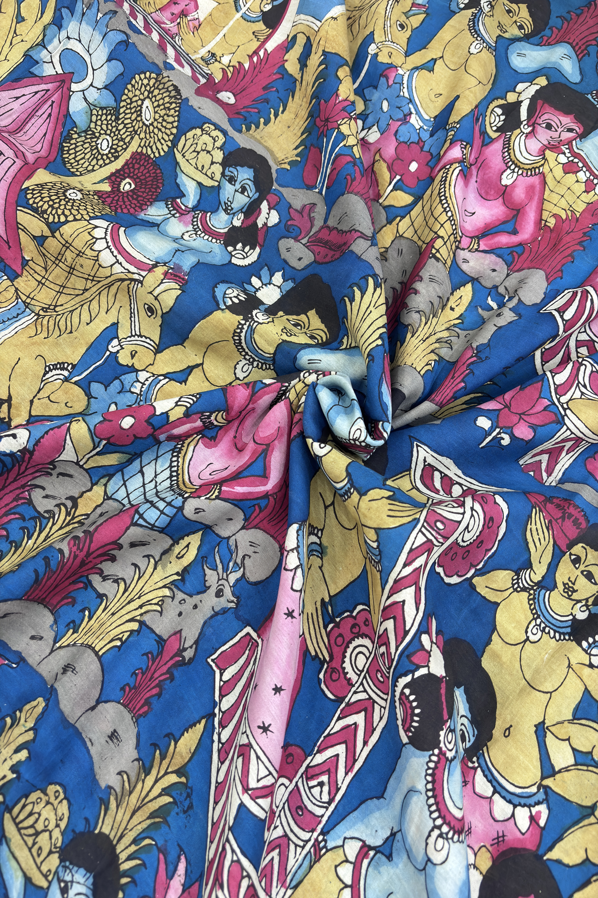 Classic Blue Pure Pen Hand painted With Figurine Kalamkari Fabric