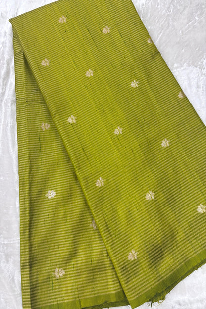 Zari Woven Lines With Motifs On Pure Banaras Raw Silk Fabric