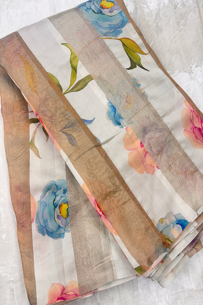 Blue & Peach Floral Printed Pure Tissue Organza & Chiniya Fusion Fabric