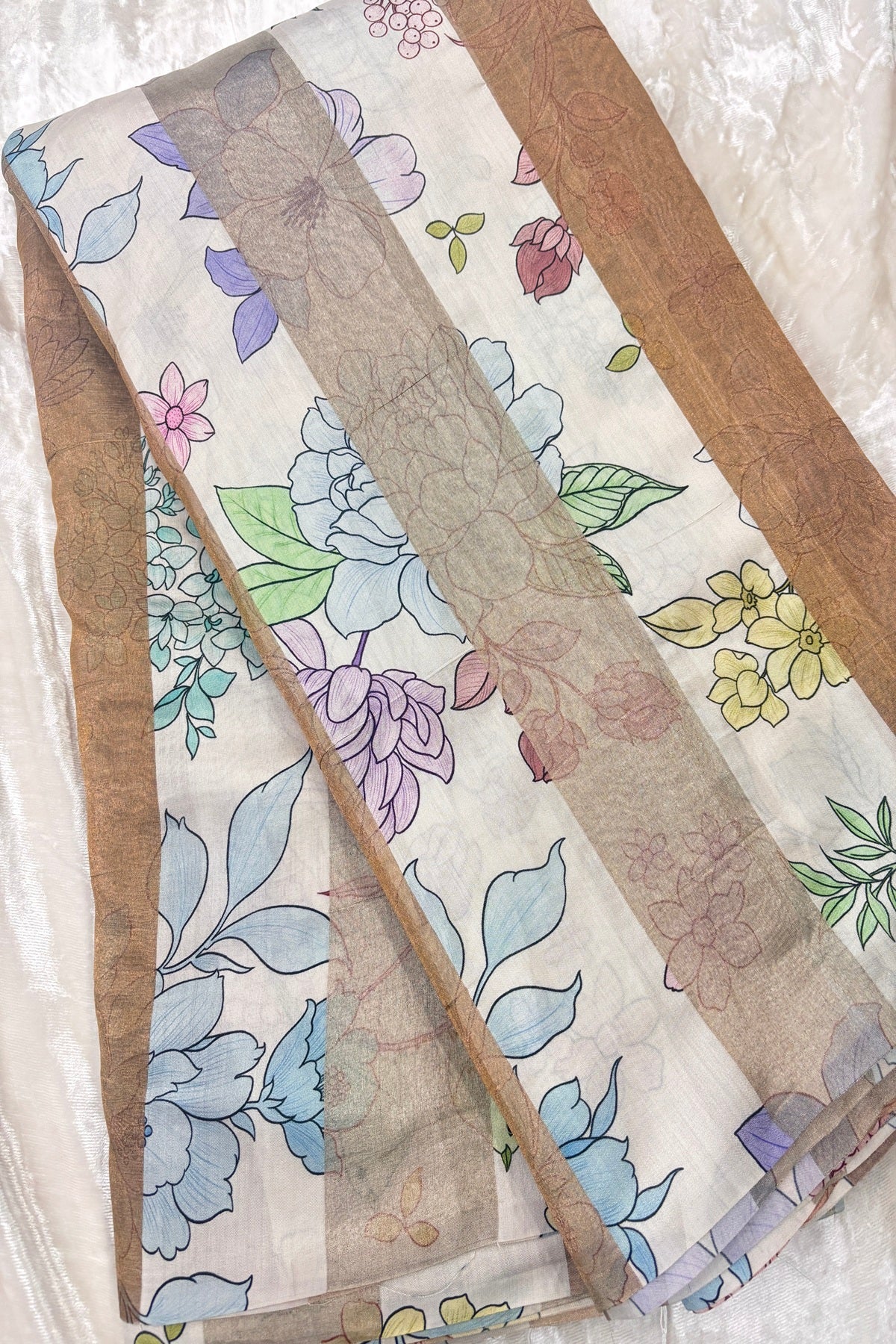 Hues Of Turquoise Blue & Purples Floral Printed Pure Tissue Organza & Chiniya Fusion Fabric