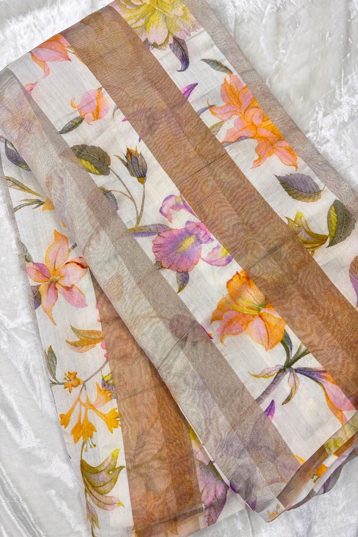 Oranges & Purple Floral Printed Pure Tissue Organza & Chiniya Fusion Fabric