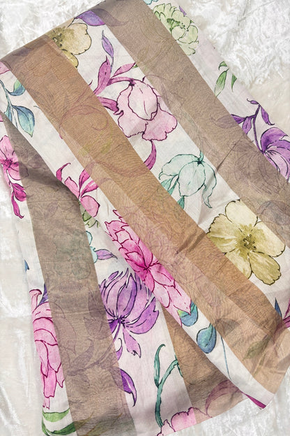 Pink & Purple Floral Printed Pure Tissue Organza & Chiniya Fusion Fabric