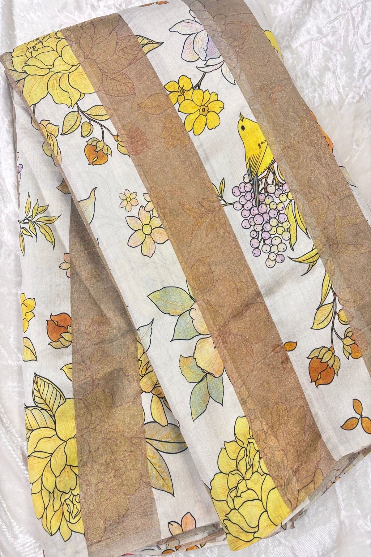 Yellow Floral Printed Pure Tissue Organza & Chiniya Fusion Fabric