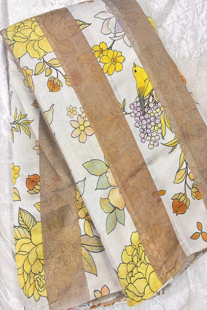 Yellow Floral Printed Pure Tissue Organza & Chiniya Fusion Fabric
