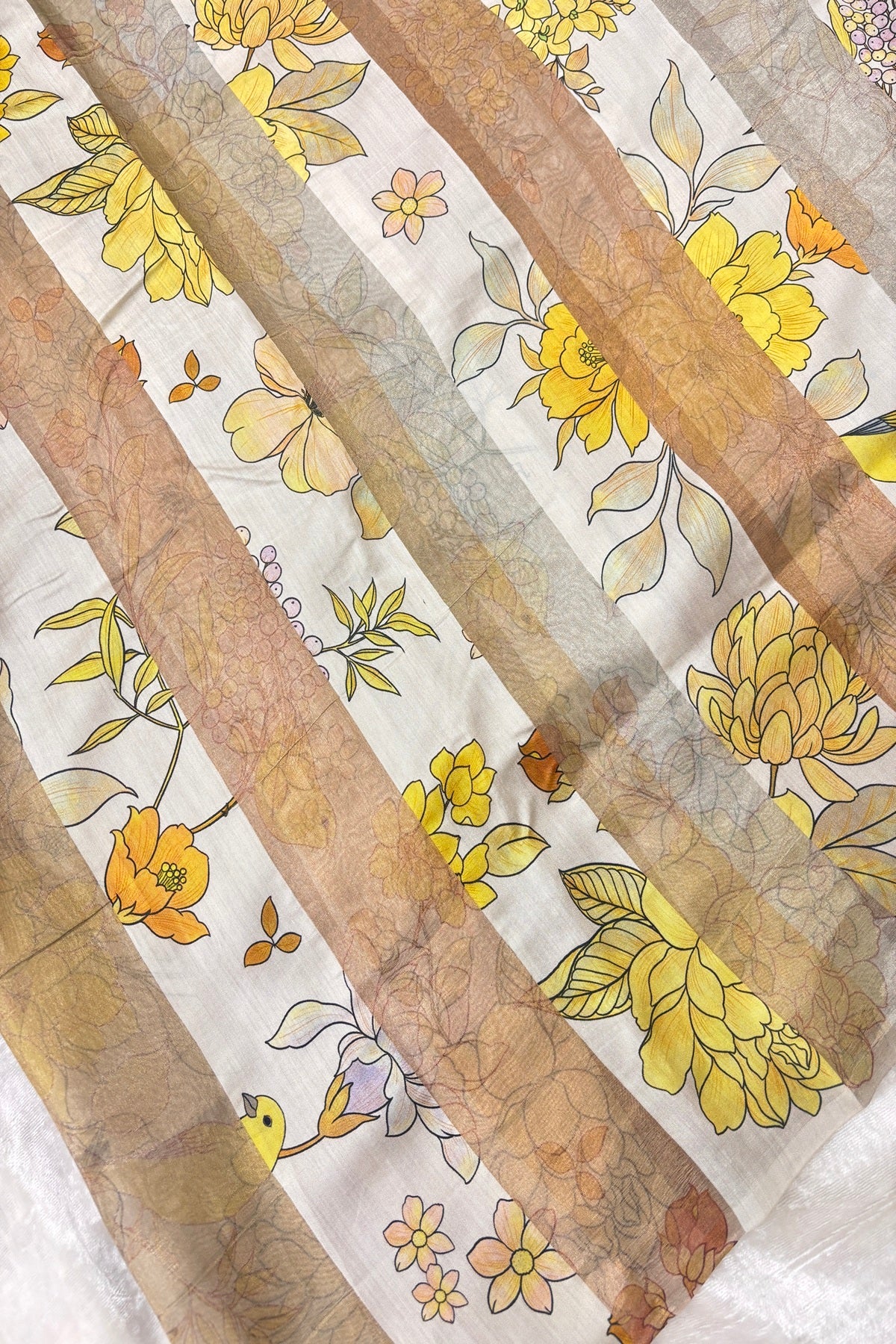 Yellow Floral Printed Pure Tissue Organza & Chiniya Fusion Fabric