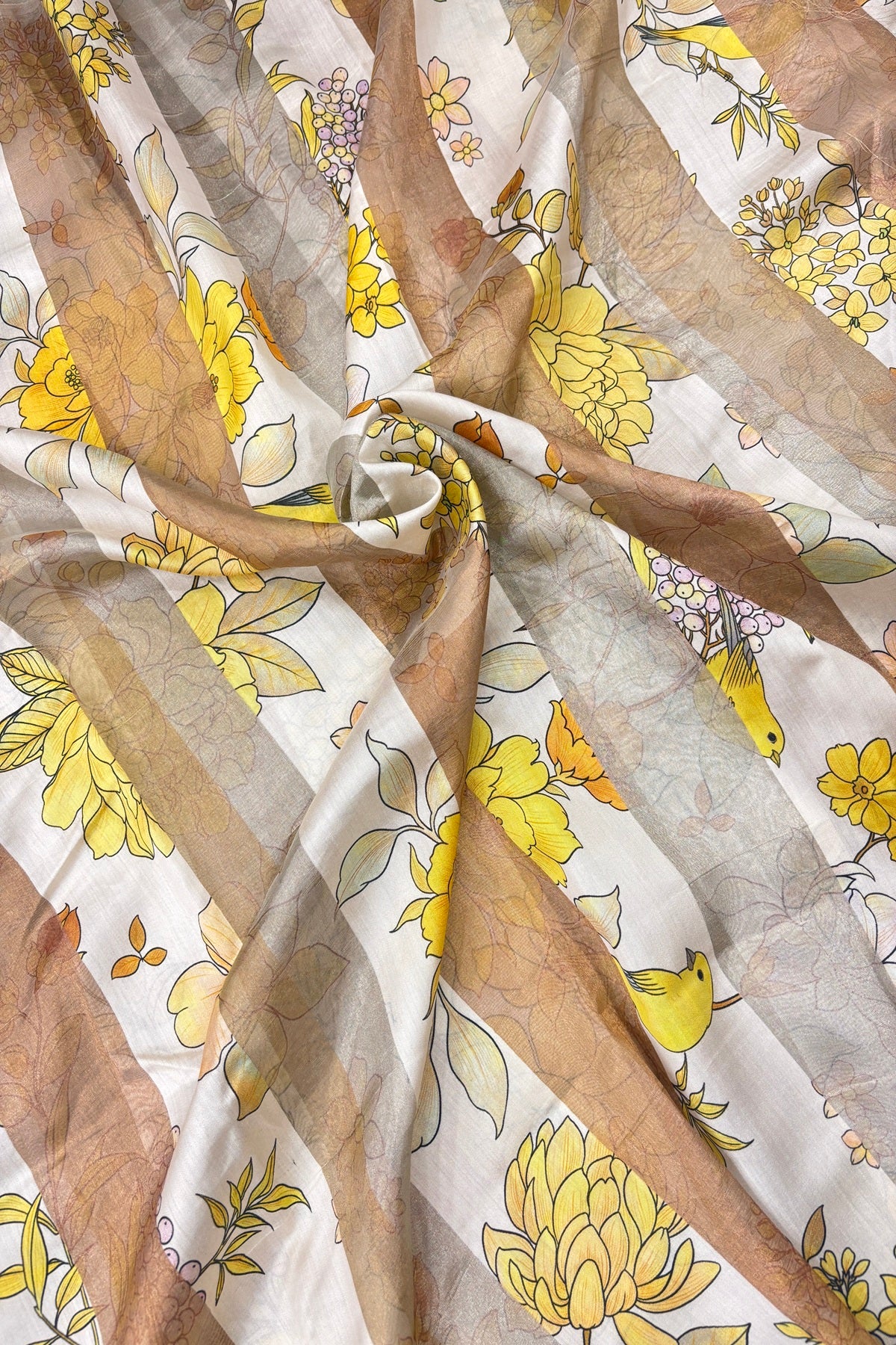 Yellow Floral Printed Pure Tissue Organza & Chiniya Fusion Fabric