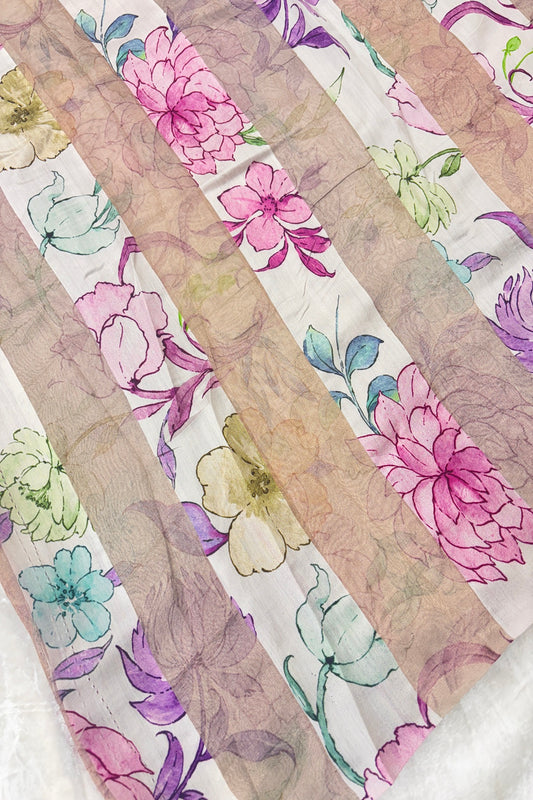 Pink & Purple Floral Printed Pure Tissue Organza & Chiniya Fusion Fabric