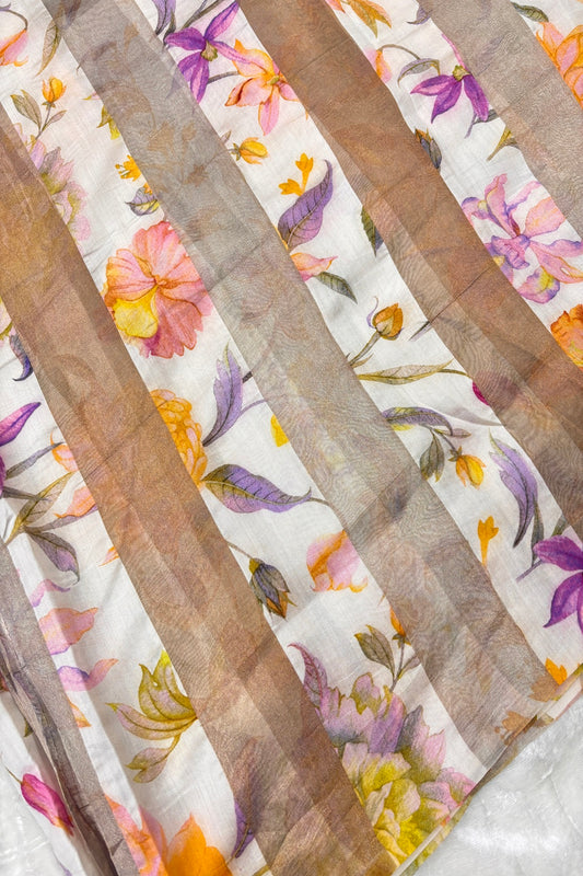 Oranges & Purple Floral Printed Pure Tissue Organza & Chiniya Fusion Fabric