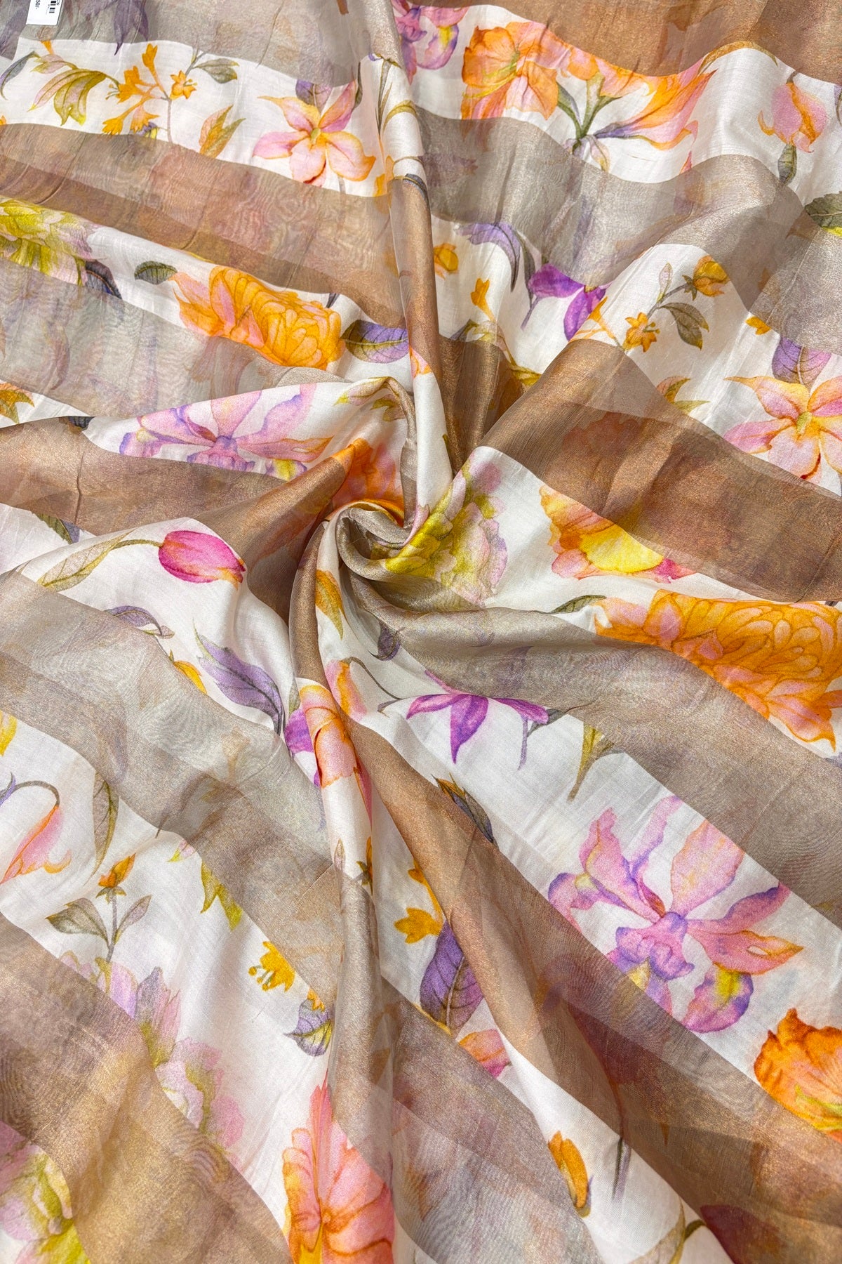 Oranges & Purple Floral Printed Pure Tissue Organza & Chiniya Fusion Fabric