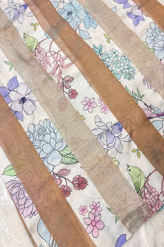 Hues Of Turquoise Blue & Purples Floral Printed Pure Tissue Organza & Chiniya Fusion Fabric