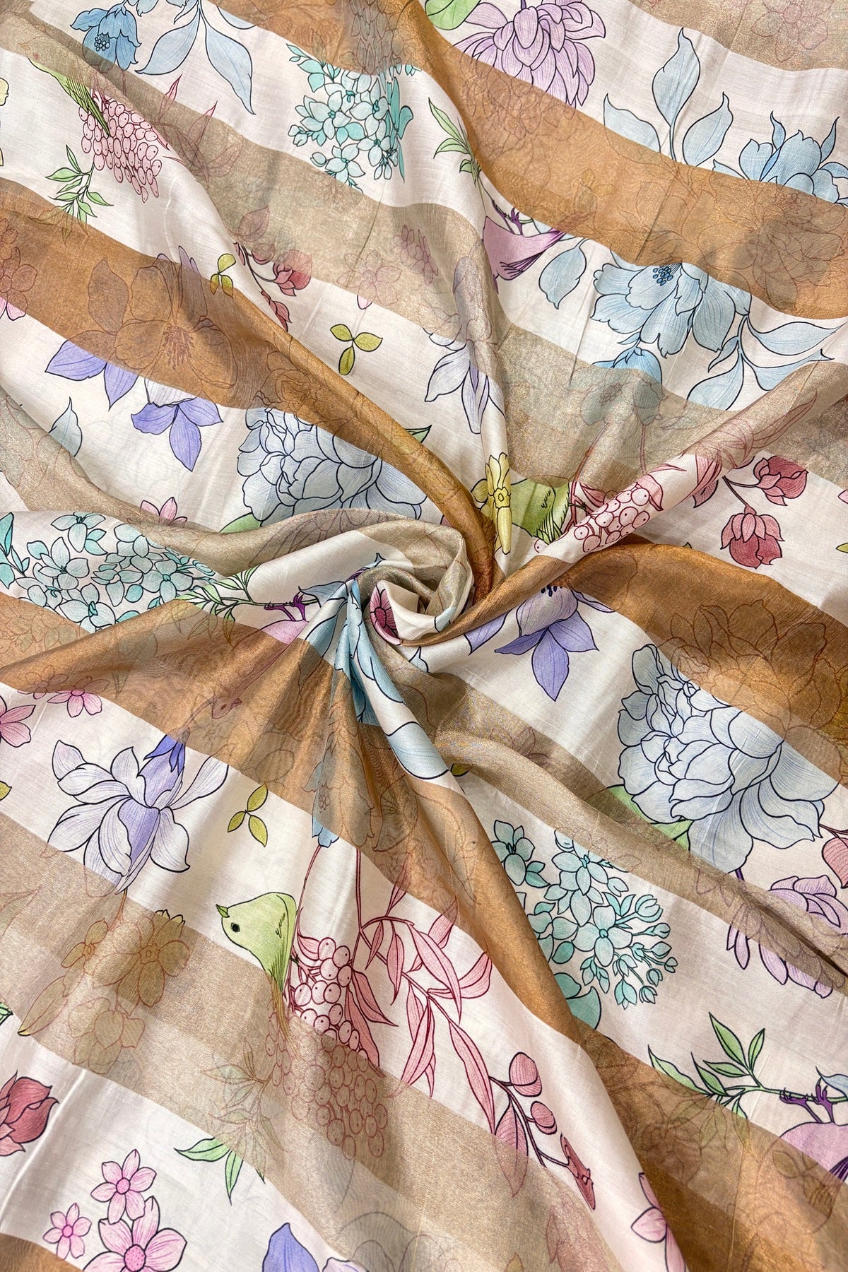 Hues Of Turquoise Blue & Purples Floral Printed Pure Tissue Organza & Chiniya Fusion Fabric