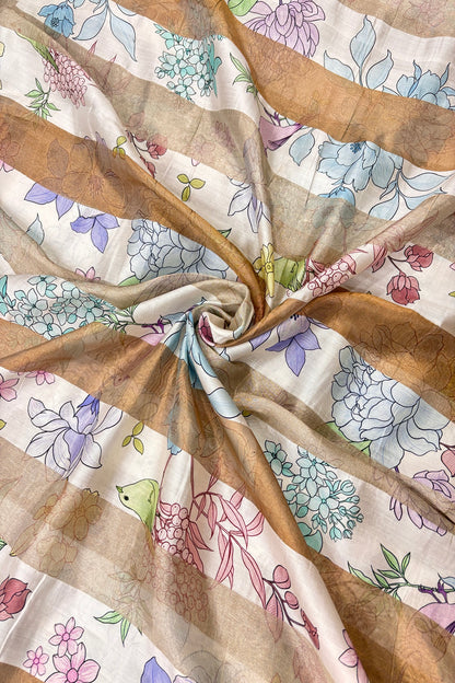 Hues Of Turquoise Blue & Purples Floral Printed Pure Tissue Organza & Chiniya Fusion Fabric