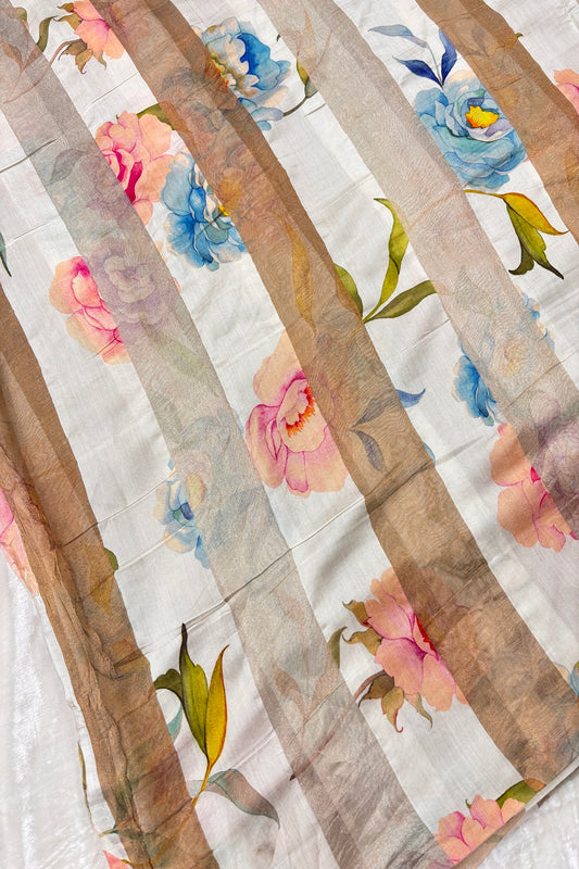 Blue & Peach Floral Printed Pure Tissue Organza & Chiniya Fusion Fabric