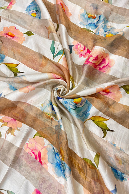 Blue & Peach Floral Printed Pure Tissue Organza & Chiniya Fusion Fabric