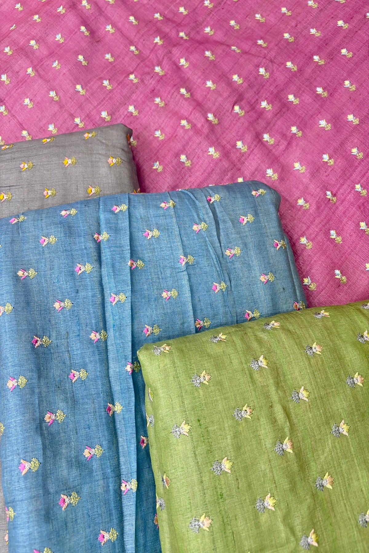 Small Intricate Embroidered Flowers On Pure Desi Tussar Fabric