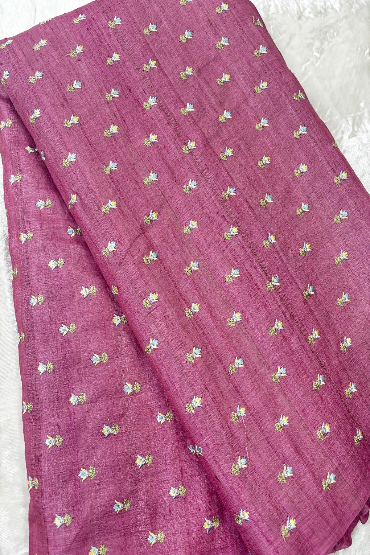 Small Intricate Embroidered Flowers On Pure Desi Tussar Fabric