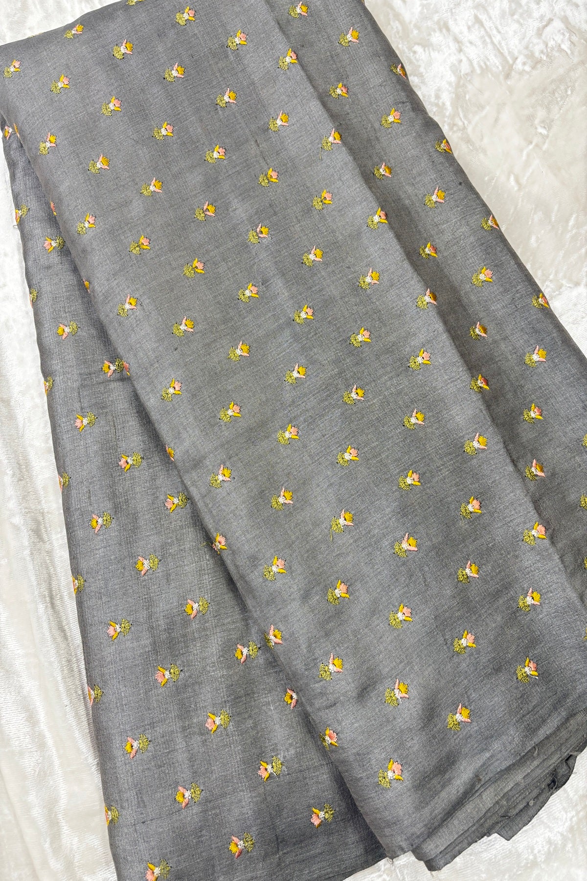 Small Intricate Embroidered Flowers On Pure Desi Tussar Fabric