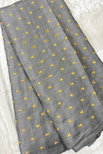 Small Intricate Embroidered Flowers On Pure Desi Tussar Fabric