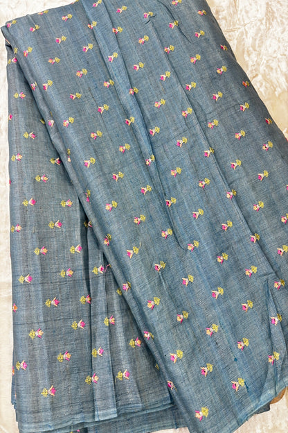 Small Intricate Embroidered Flowers On Pure Desi Tussar Fabric