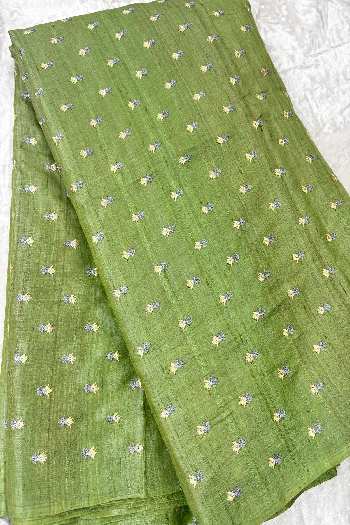 Small Intricate Embroidered Flowers On Pure Desi Tussar Fabric