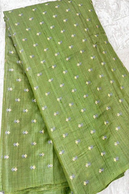Small Intricate Embroidered Flowers On Pure Desi Tussar Fabric