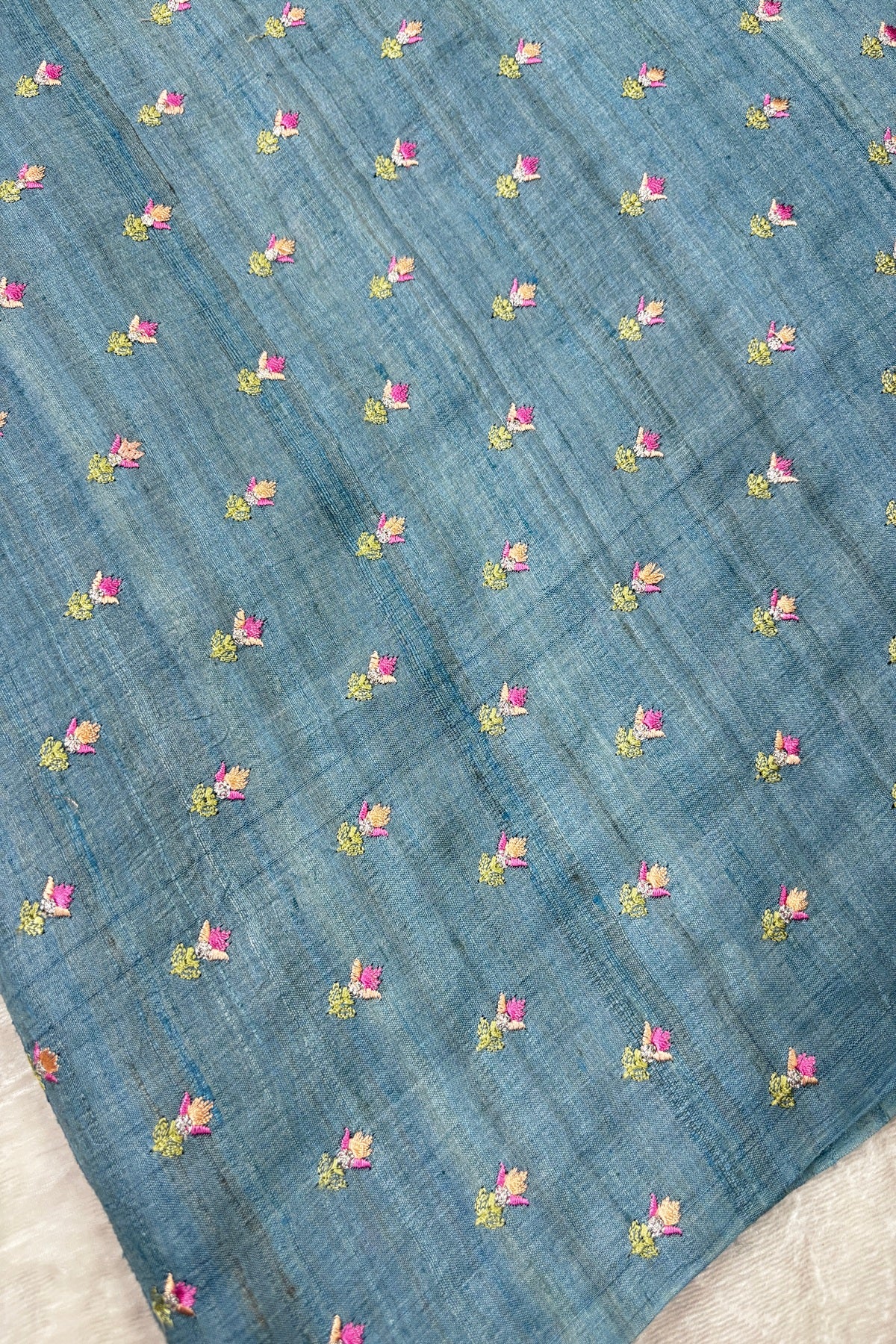 Small Intricate Embroidered Flowers On Pure Desi Tussar Fabric