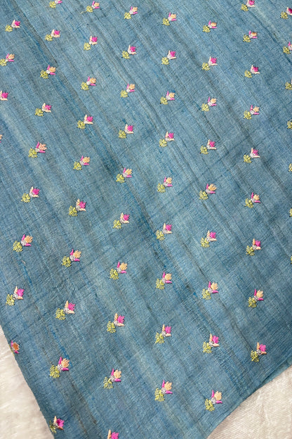 Small Intricate Embroidered Flowers On Pure Desi Tussar Fabric