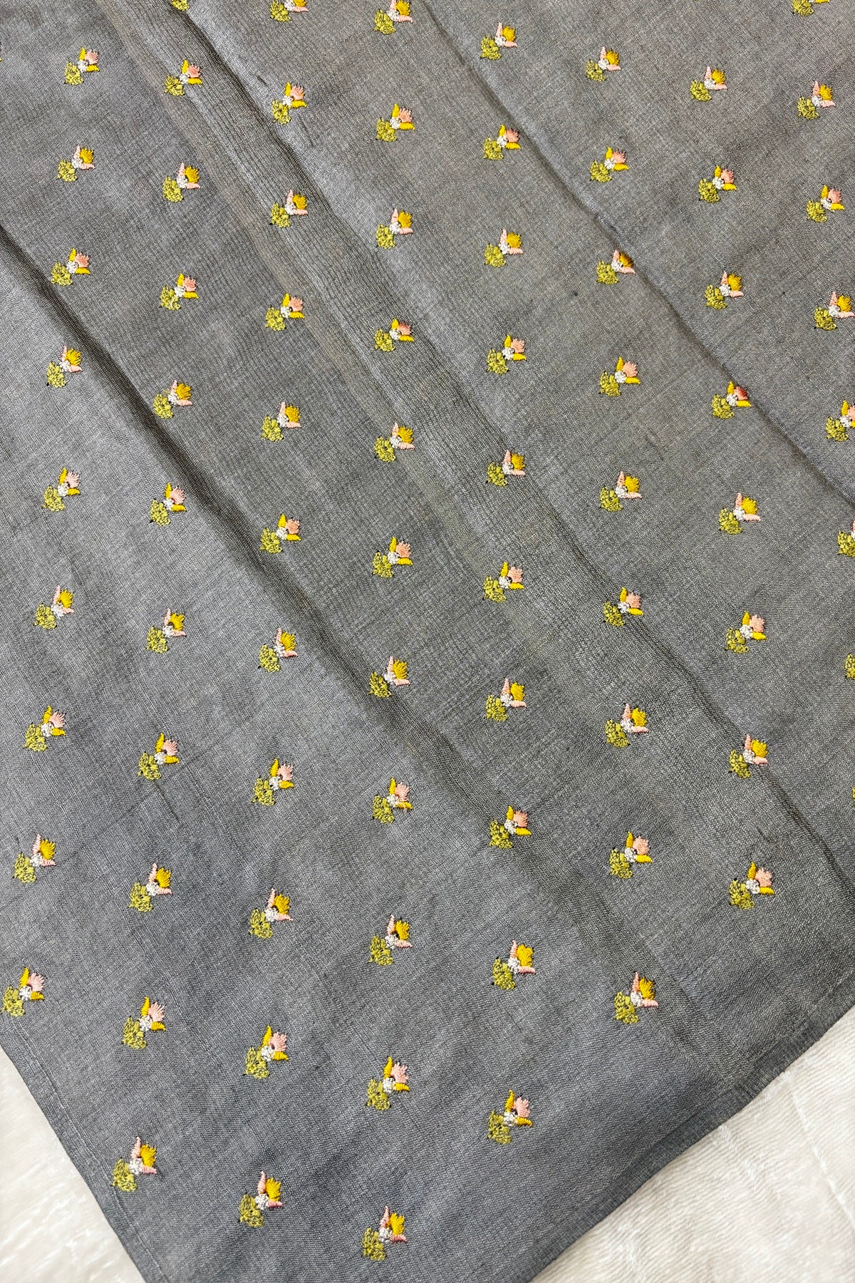 Small Intricate Embroidered Flowers On Pure Desi Tussar Fabric