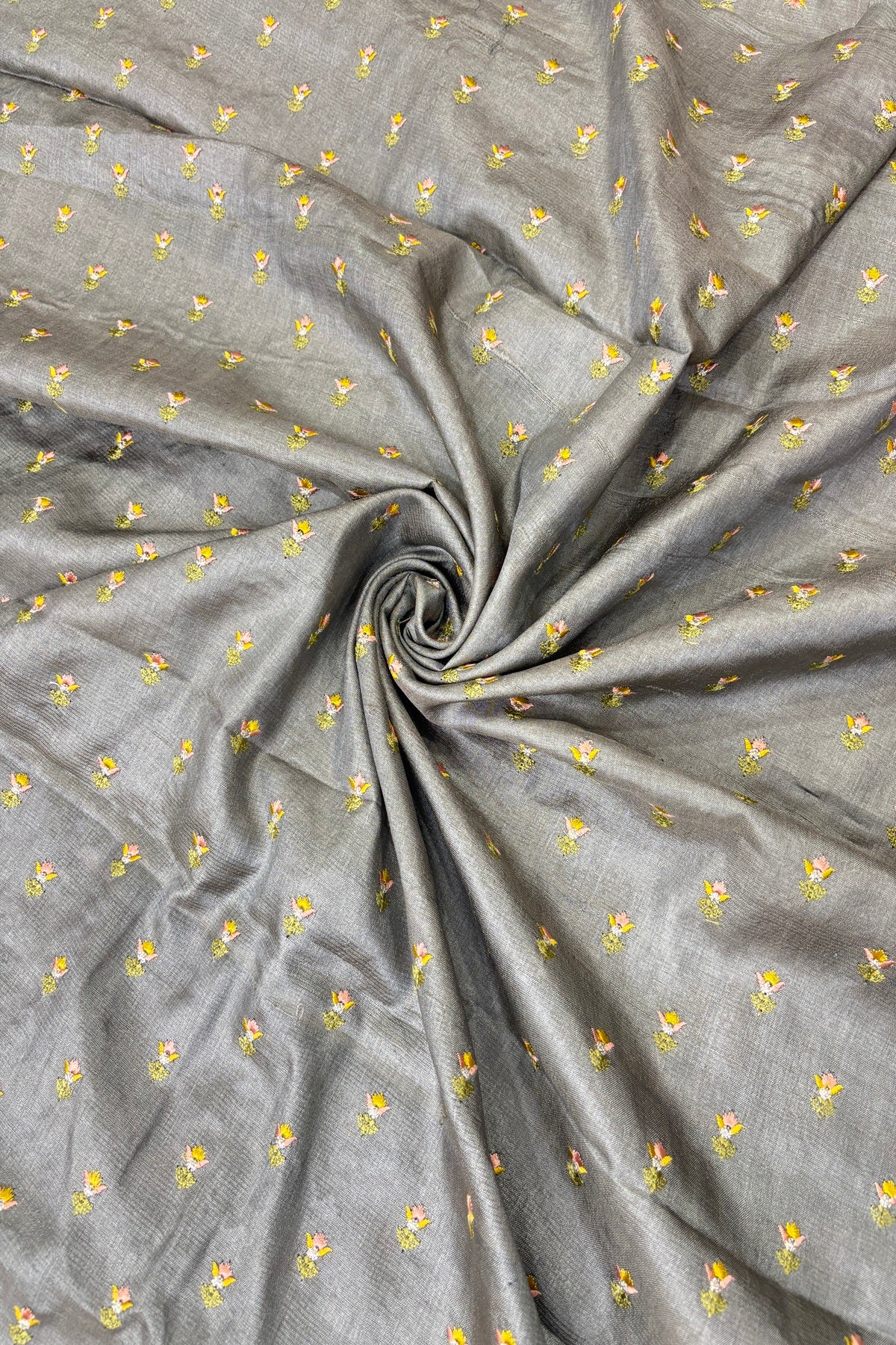 Small Intricate Embroidered Flowers On Pure Desi Tussar Fabric