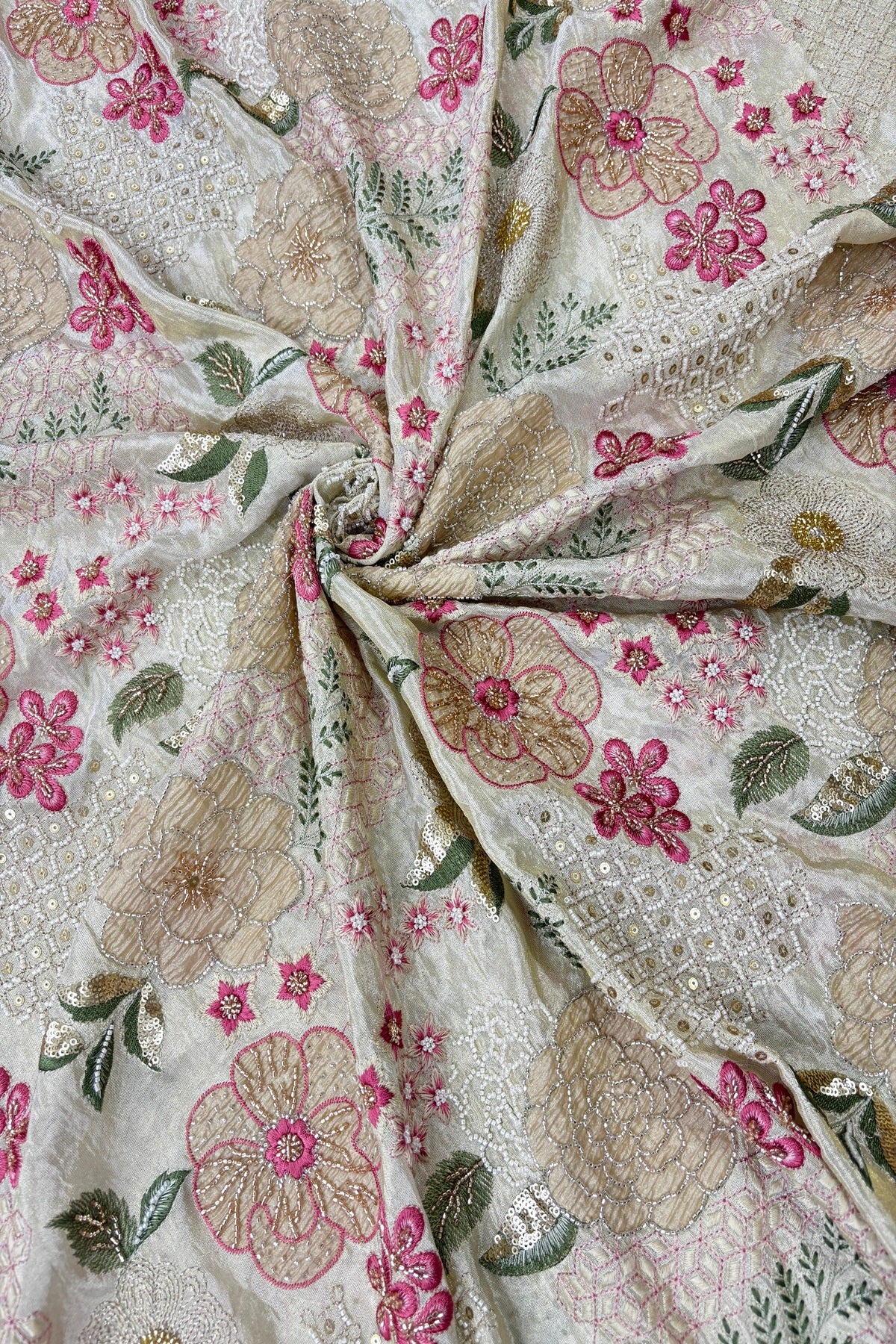 Intricate Embroidered Tissue Dyeable Fabric Highligthed With Gold,Silver,White Cutbeads & Sequins