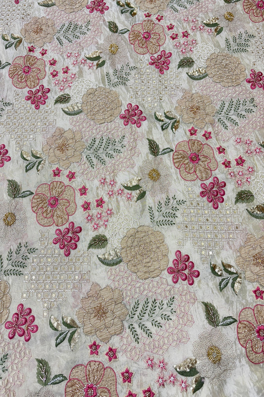 Intricate Embroidered Tissue Dyeable Fabric Highligthed With Gold,Silver,White Cutbeads & Sequins