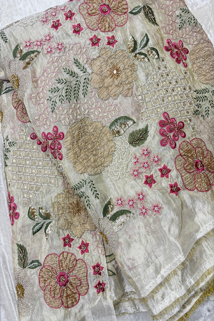 Intricate Embroidered Tissue Dyeable Fabric Highligthed With Gold,Silver,White Cutbeads & Sequins