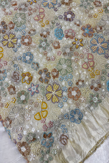 Multi Floral Embroidered Tissue Dyeable Fabric Highlighted With Pearls,Sequins & Cutbeads