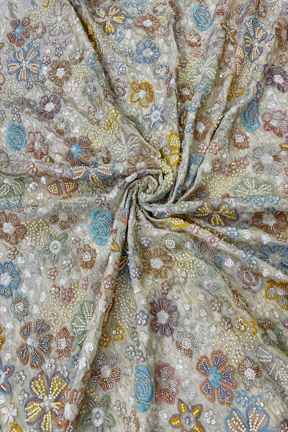 Multi Floral Embroidered Tissue Dyeable Fabric Highlighted With Pearls,Sequins & Cutbeads